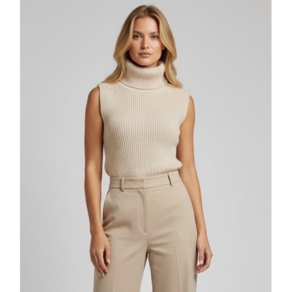 French Connection XS Cream Ribbed Sleeveless Turtleneck‎ Cotton Sweater Vest